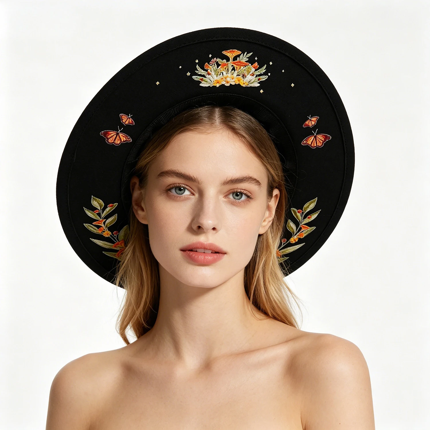 Halloween Wide Brim Fedora Hat Dark Gothic Witch Style Butterfly Mushroom Botanical Fairycore Photo Props Dark Academia Sun Hat