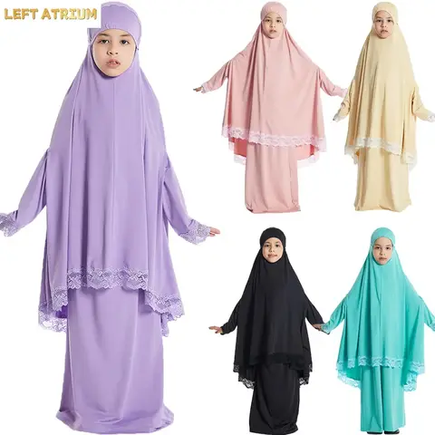 Traditional Muslim Kids Khimar Abaya Dress Islamic Big Hijab Burka Long Skirts Arab Shawls Headscarf Prayer Robe Ethnic Clothing