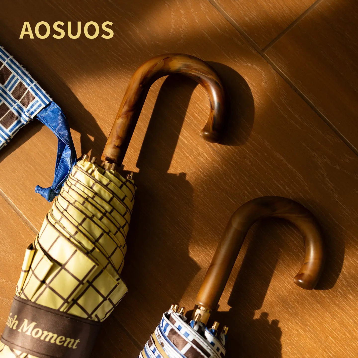 

Vintage Plaid Curved Handle Sunny & Rainy Umbrella, UV Protection, Portable Manual Extra Large Sun Umbrella & Parasol