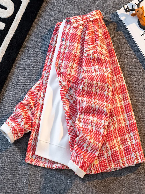 

Japanese Style Plaid Long Sleeve Shirt Men's Fashionable Casual American Retro Outerwear Autumn Season Checkered Pattern