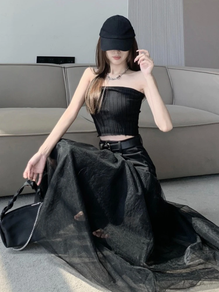 Black Mesh Patchwork Irregular Pleated Skirt 2024 Summer Fashion High Waist A Line Long Skirt Women Elegant Tulle Skirt