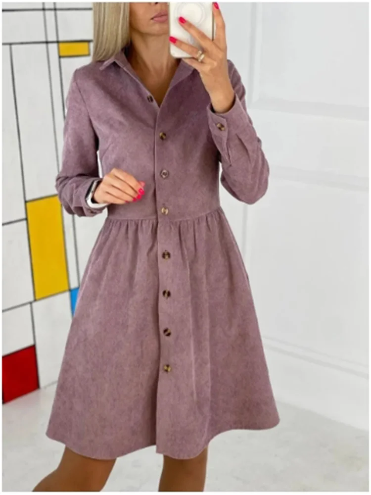 Button Lapel Long Sleeved Solid Color Dress Women's Loose Shirts Dresses Casual Elegant Style Autumn Dresses