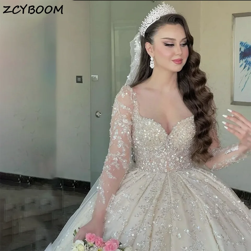 

New Luxury Sweety Sequin Appliques Beaded Ball Gown Wedding Dresses 2023 Long Sleeves Court Train Tulle Bridal Gowns For Women