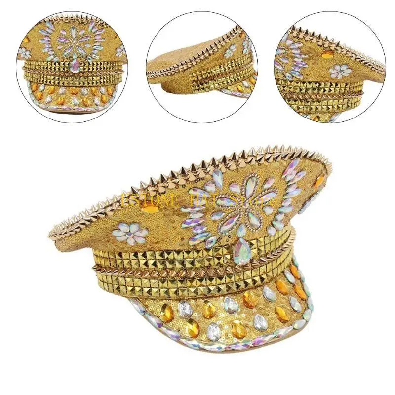 49MF スパンコール キャプテンハット クリスタルセーラーハット ディスコハウス カクテルパーティー 休暇用 キラキラクリスタル コメディアン俳優用