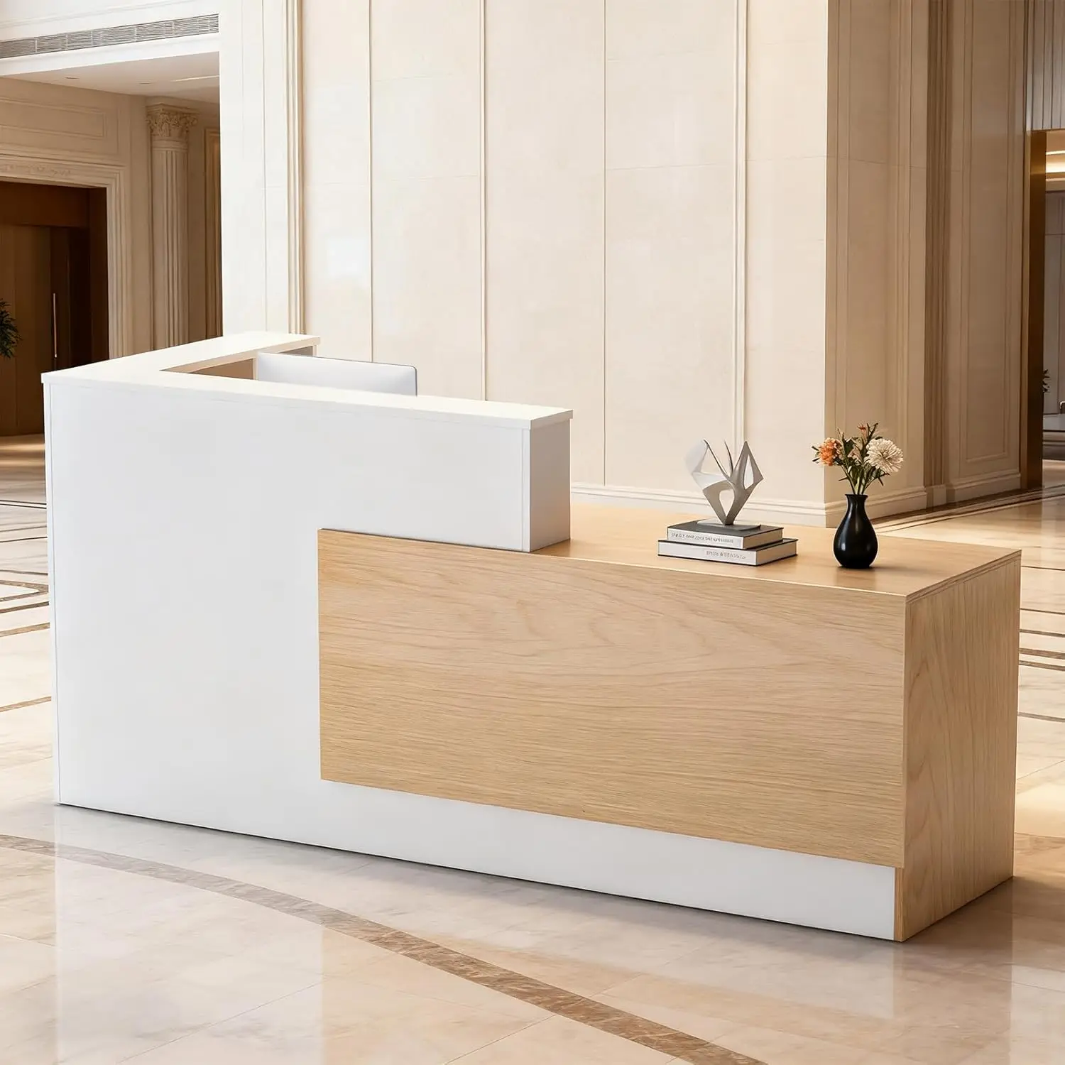 

L-Shaped Large Wooden Reception Desk, Modern Front Desk Reception Counter with Lockable Drawers & Storage &, Customized
