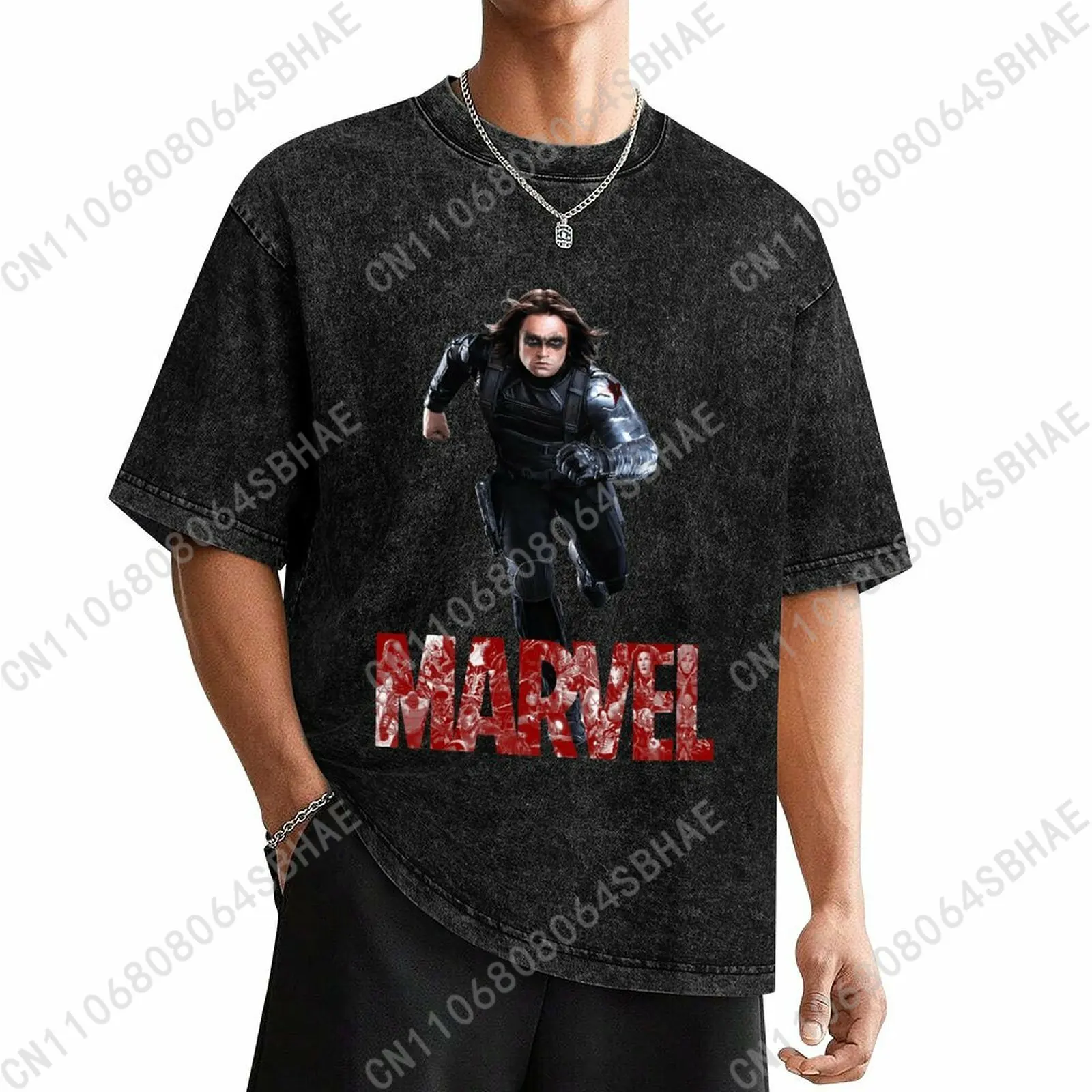 

Marvel Bucky Barnes Custom Mens Vintage T Shirt Washed Distressed Tee Men Retro Short Sleeve Personalized Cotton Shirt Cosplay