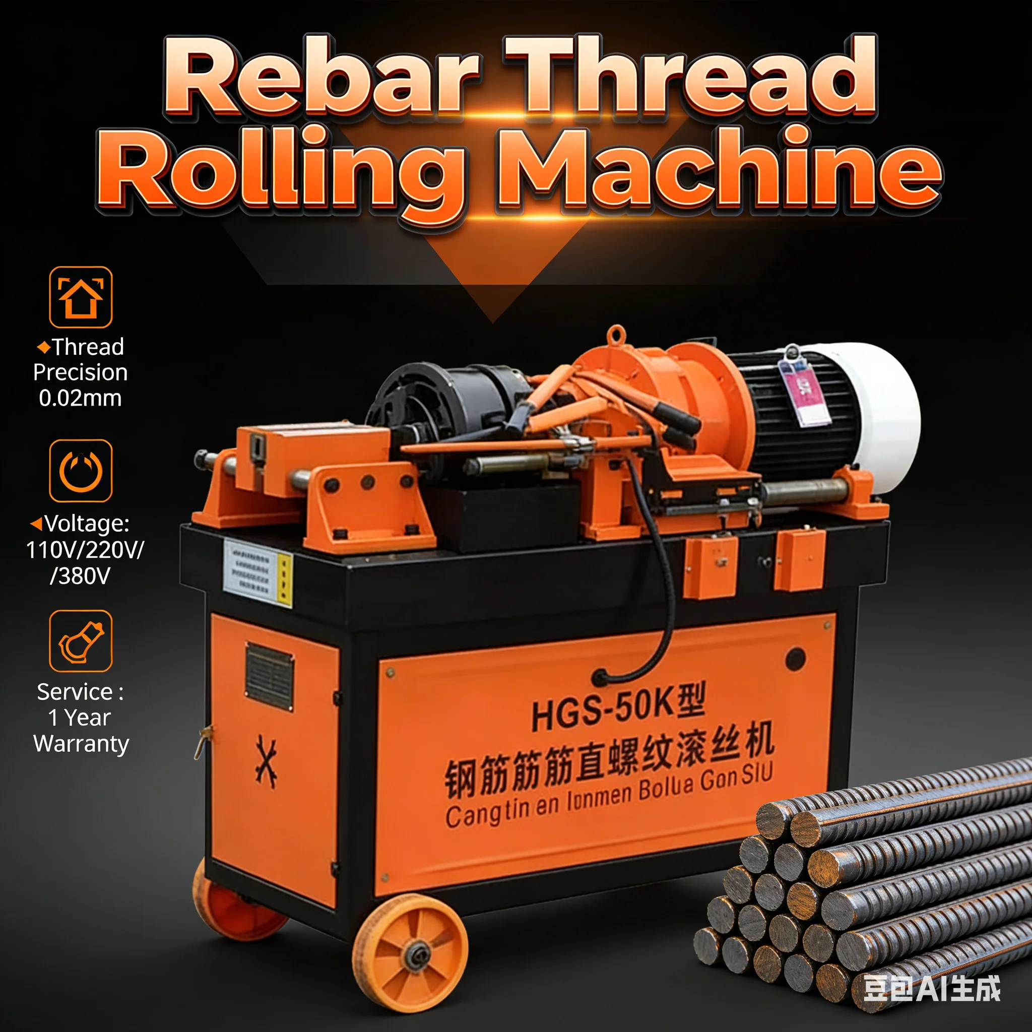 Customized High-speed HGS-50DZS Rebar Thread Rolling Machine Steel Bar Rod Thread Rolling Machine With Core Motor Component