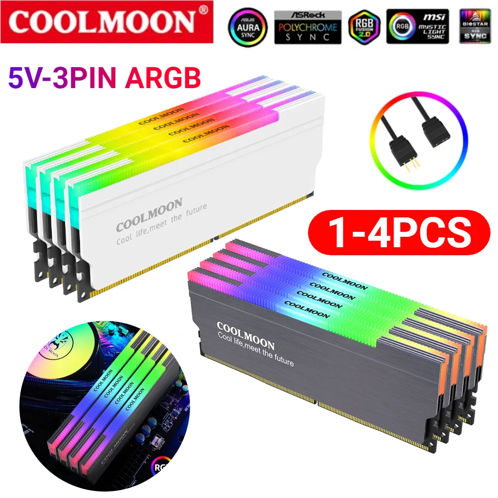 COOLMOON 5V-3PIN ARGB DDR4 DDR3 Memory Heat Sink Aura Sync DDR Memory RAM Cooler with Thermal Silicone Pad for Desktop PC Memory