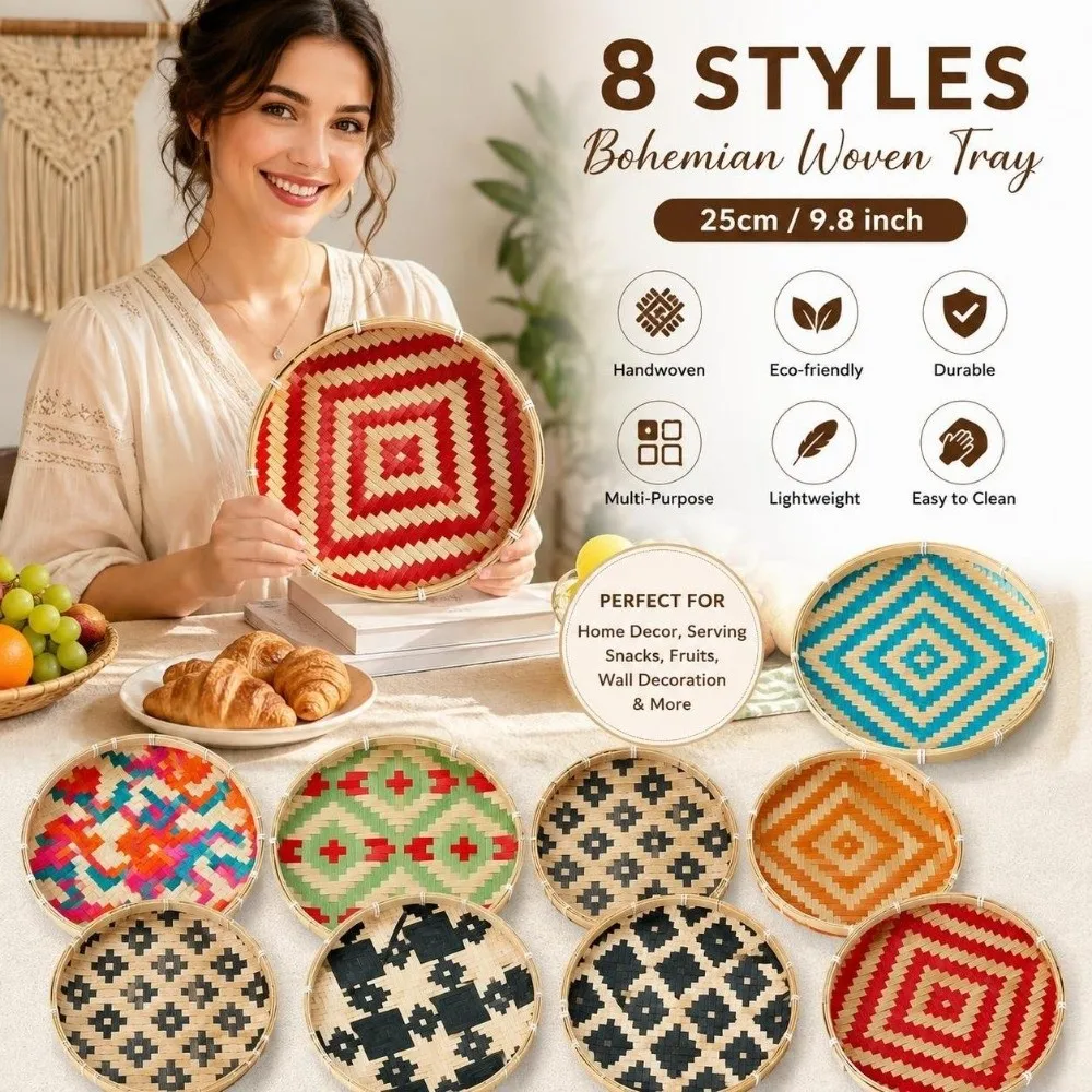 Handwoven Bamboo Winnowing Tray Colorful Bohemian Bamboo Woven Dustpan Plate Storage Basket Wall Decor Bamboo Woven Sieve