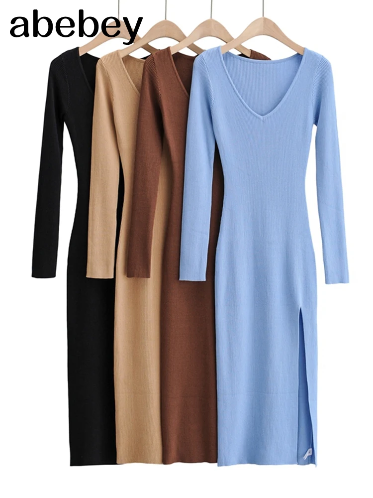 2026 신상 베이직 여성용 탄성 솔리드 엘레강스 V넥 스웨터 드레스 긴팔 여성용 사이드 오픈 미디 롱 드레스