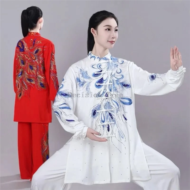 3colors female buckle top pants 2-piece women's embroidery breathable wushu clothing set retro tai chi performance costume set