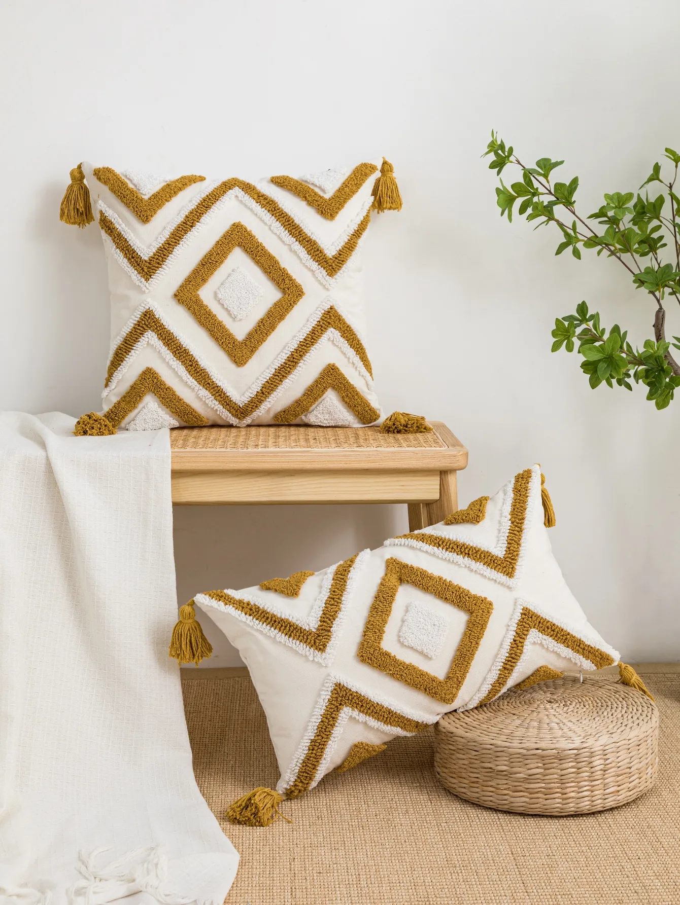 1pc yellow geometric diamond line pattern cotton sail pillow cover with bohemian style suitable for sofas,living rooms,bedrooms