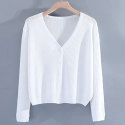 Thin Ice Silk Cardigan Sweater for Women, V-Neck, Sunscreen Clothes, Solid Knitted Female Clothing, Summer Tops, New