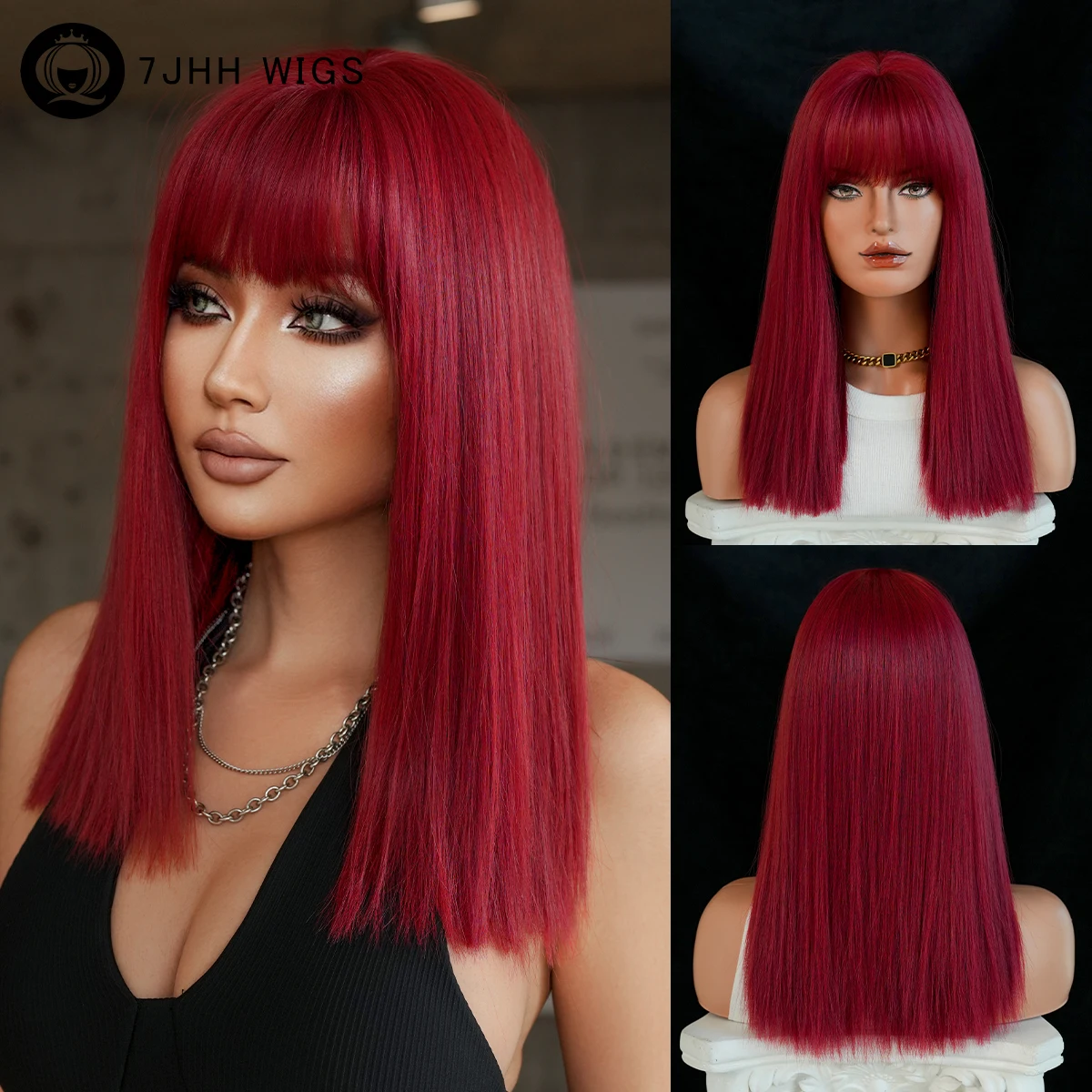 

Shoulder Length Straight Wine Red Wig for Women Synthetic Heat-Resistant Modest Fashion Wear and Go Burgundy Wigs with Neat Bang