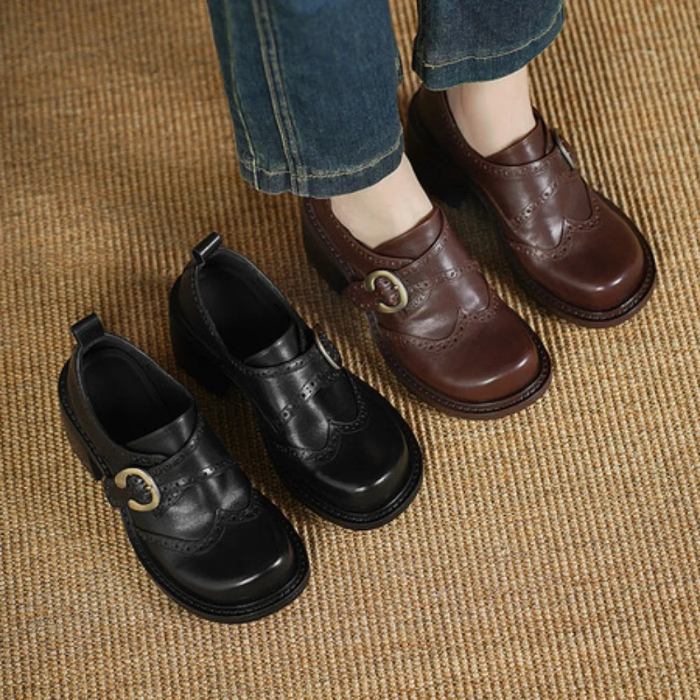 2026 New Spring Women's Loafer Shoes Genuine Leather Round Toe Buckle Strap Chunky Heel for School & Party Daily Wear