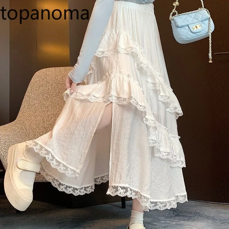 

Topanoma Women Skirts Irregular Lace Split Stretch High Waist Ruffles Spring Summer Sweet Fashion Casual Loose Long Skirt Female