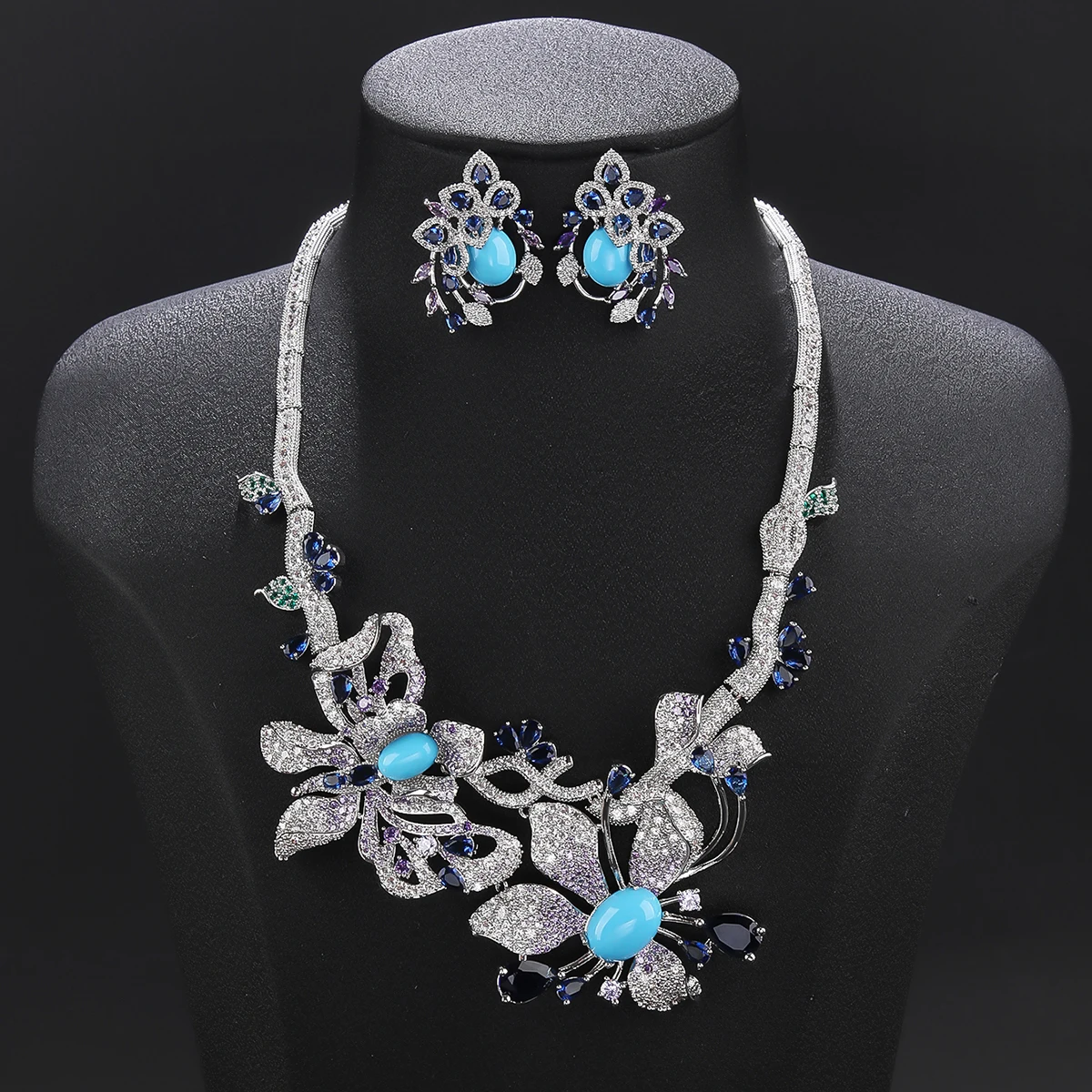 Beautiful Luxury 2 Pcs Cubic Zircon  Flower Necklace Earrings Set Women Wedding Party Jewelry Set CN11573
