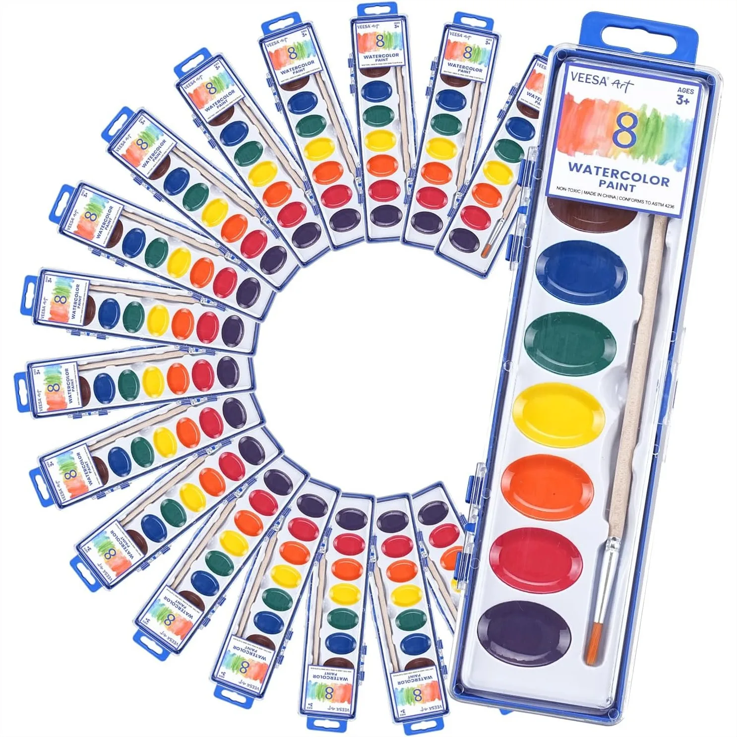 

24 Pack Washable Watercolor Paint Set for Kids with 8 Colors and Wood Brushes, Non-Toxic for Classroom Party Favors