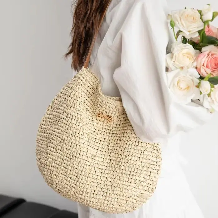 CLAREGQI  Women Large Round Raffia Straw Shoulder Bag Adjustable PU Leather Strap Gold Metal Decor Handwoven Beach Vacation Hobo