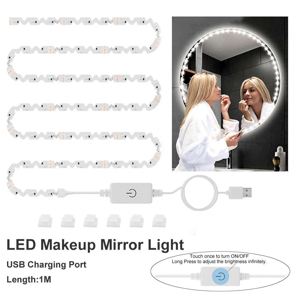 

5V USB Makeup Mirror Lamp Tape LED2835 Dimmable Touch Switch Dressing Table Wall Backlight TV Kitchen Cabinet Strip Night Light