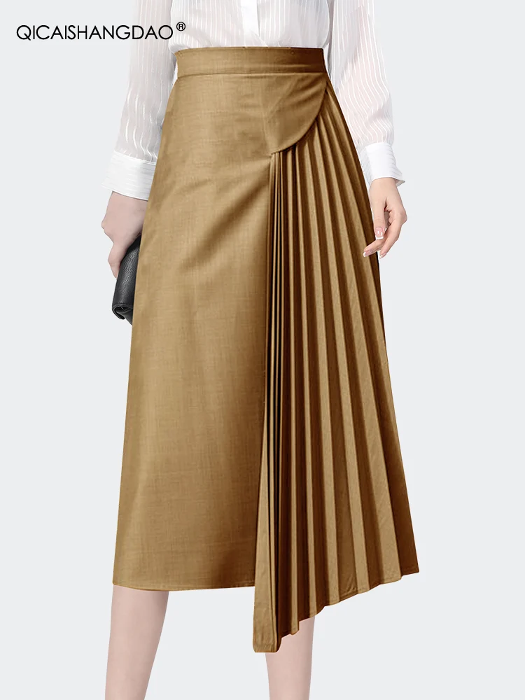 Fashion Patchwork Solid Color High Waist A-line Pleated Skirt Womens Spring Summer Mid-length Office Ladies Straight Skirts