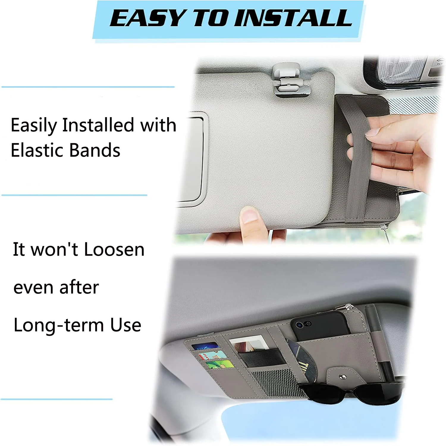 حقيبة تخزين ظلة من جلد البولي يوريثان، متعددة الجيوب، سحاب شبكي للسيارة، حاجب من الشمس، حامل نظارات شمسية لإكسسوارات السيارات الداخلية