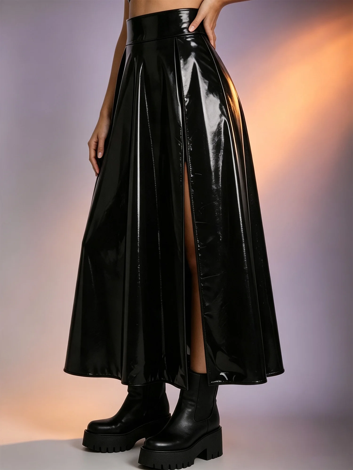 Womens Shiny Patent Leather A‑Line Maxi Skirt High Waist Double High Slit Long Skirt Bar Stage Performance Costume Clubwear