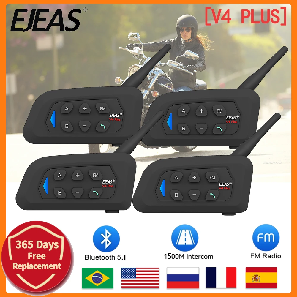 

4PCS EJEAS V4 PLUS Motorcycle Helmet Bluetooth Headset Intercom 4 Riders Communicator 1500M Can EUC Remote Control Waterproof