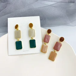 Fashion Contrasting Colors Square Dangle Earrings for Women Green Orange Enamel Oil Round Drop Earrings Party Sweet Jewelry Gift