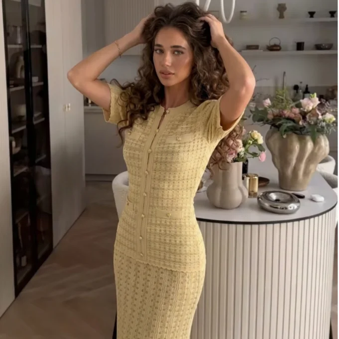 

Новое элегантное женское твидовое платье-миди темно-синего цвета с коротким рукавом, имитация двух частей, облегающее, для официальных мероприятий и коктейльных вечеринок, коллекция 2026 года