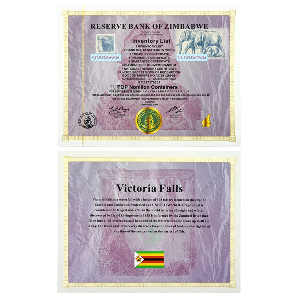 300pcs/box TOP Nonillon Containers 54 Zeros Vintage Zimbabwe Certificate Souvenir Coupon Paper Money Collectible Business Gift