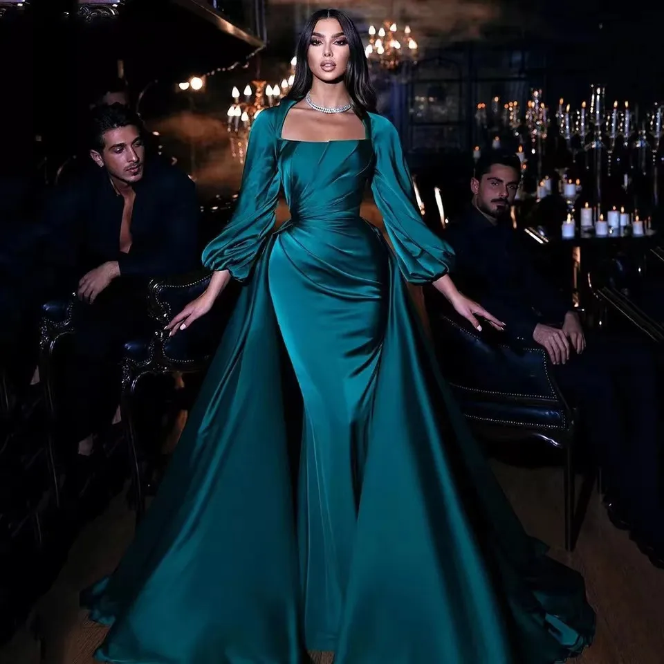 

Arabic Green Satin Mermaid Prom Dresses 2024 Elegant Women Square Collar Pleats Party Gowns Long Sleeves Formal Evening Gowns