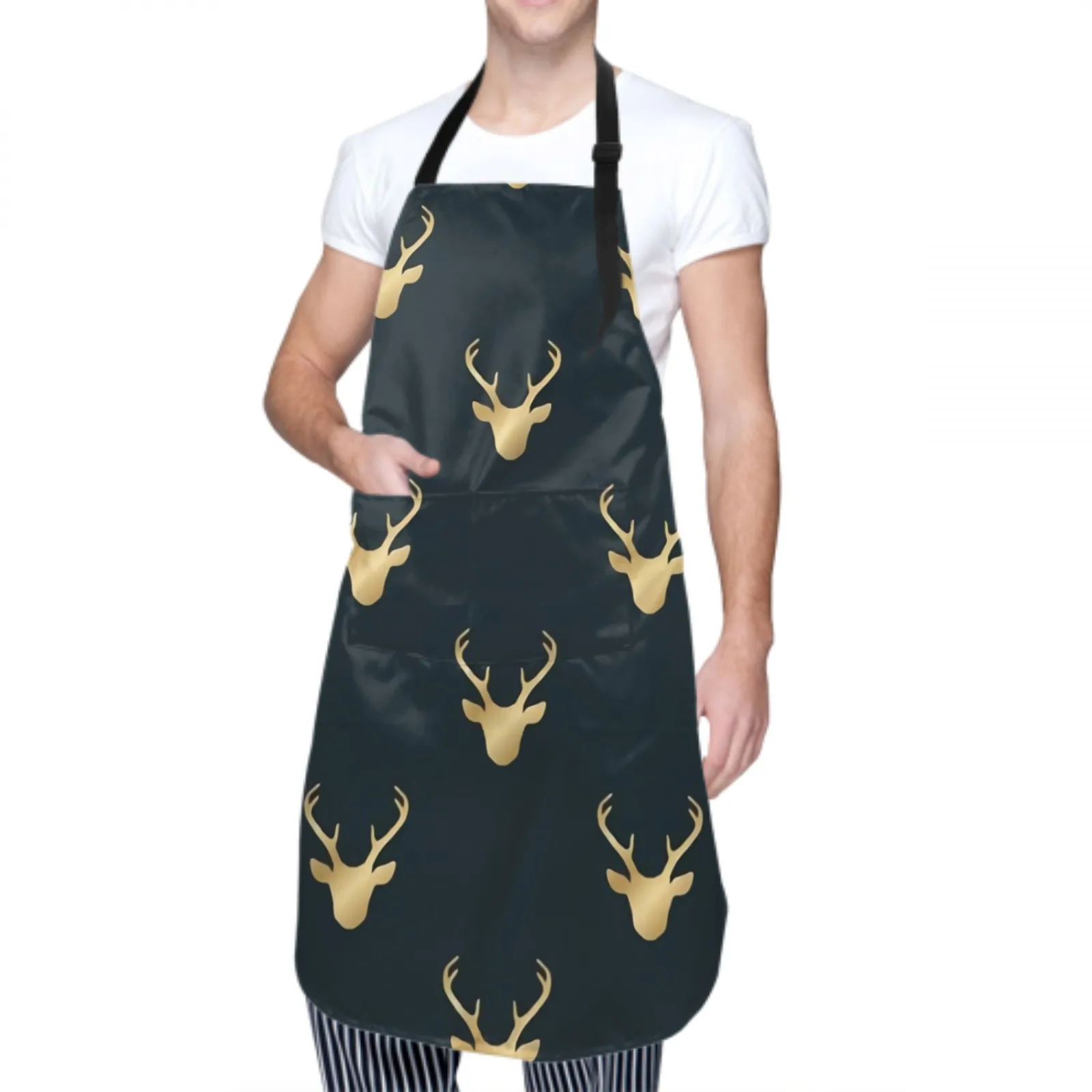 Deer Antlers Waterproof Apron with 2 Pockets Kitchen Chef Apron White Apron for Hair Brushing Cooking Baking Painting Gardening