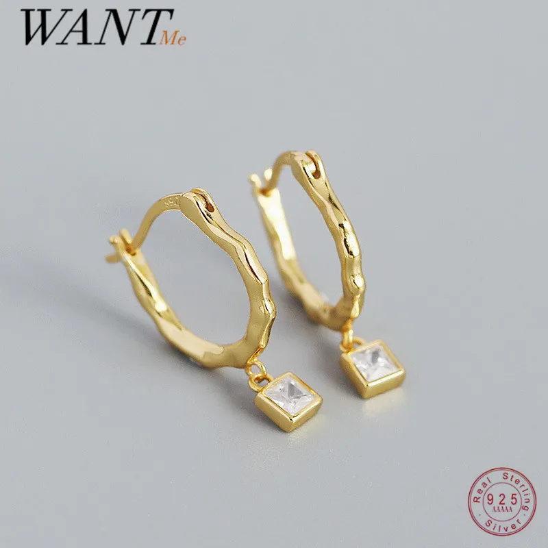 

WANTME 925 Sterling Silver Square Charm Zircon Pendant Drop Earrings for Women Classic Irregular Party French Piercing Jewelry