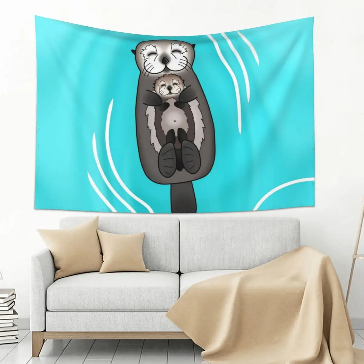 

Mother and Pup Sea Otters - Mom Holding Baby Otter Tapestry