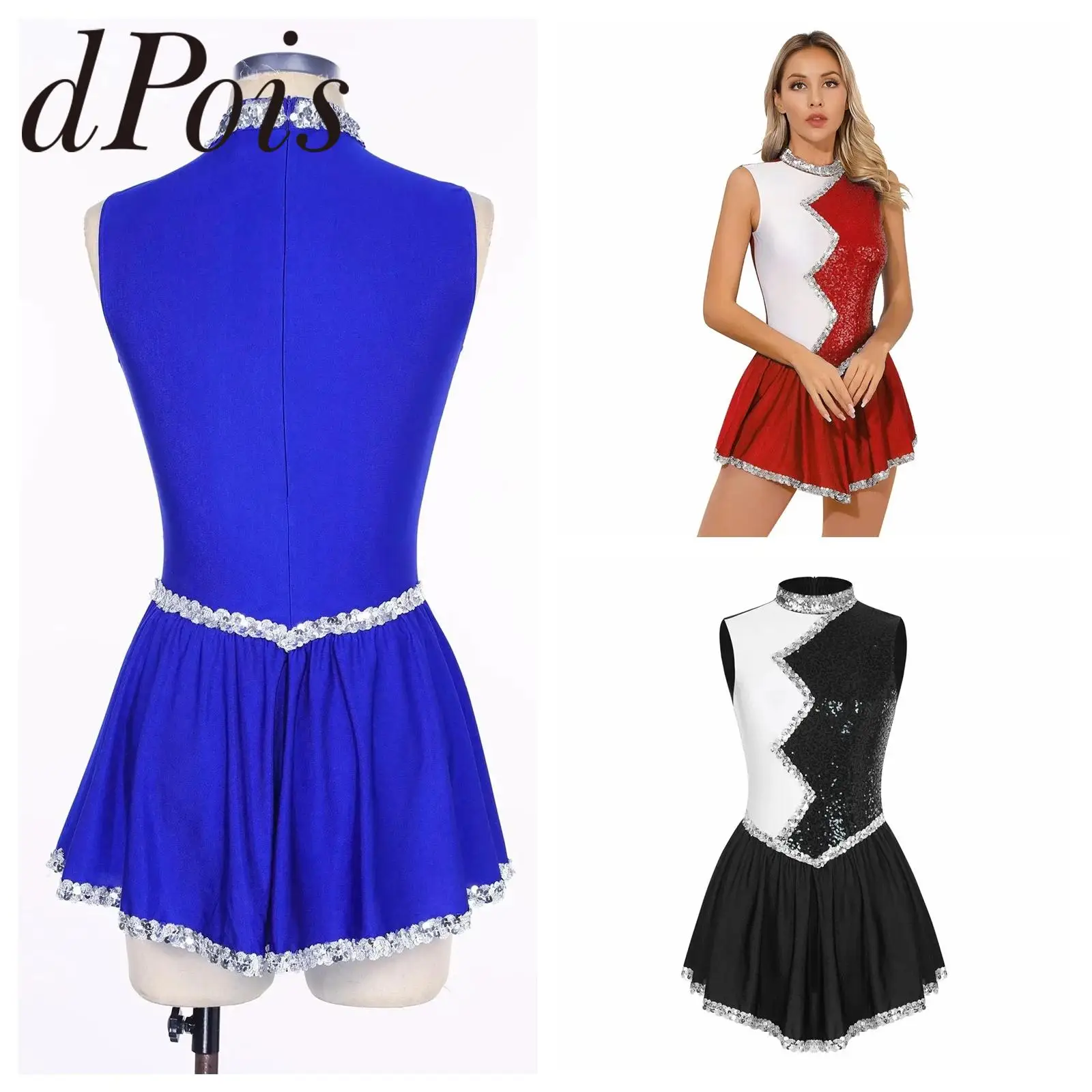 Women's Cheerleading Costume Ballet Dance Leotard Ice Figure Skating Dress Sequins Color Block Dancewear Cheering Team Jumpsuit