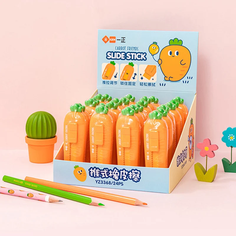 Kawaii Creative Carrot Push Pull Pencil Erasers Painting Dust-free Writing Rubber School Office Supplies Funny Stationery Gifts