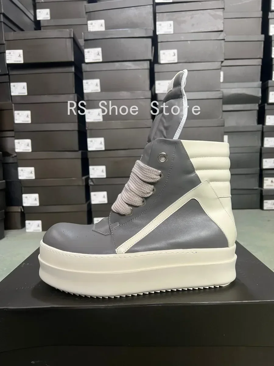 Ro مصمم أحذية الرجال حذاء رياضة رمادي النساء رمادي جلد حذاء بوت بطول الكاحل جامبو الأربطة منصة 6 سنتيمتر نعل سميك عالية أعلى حذاء كاجوال