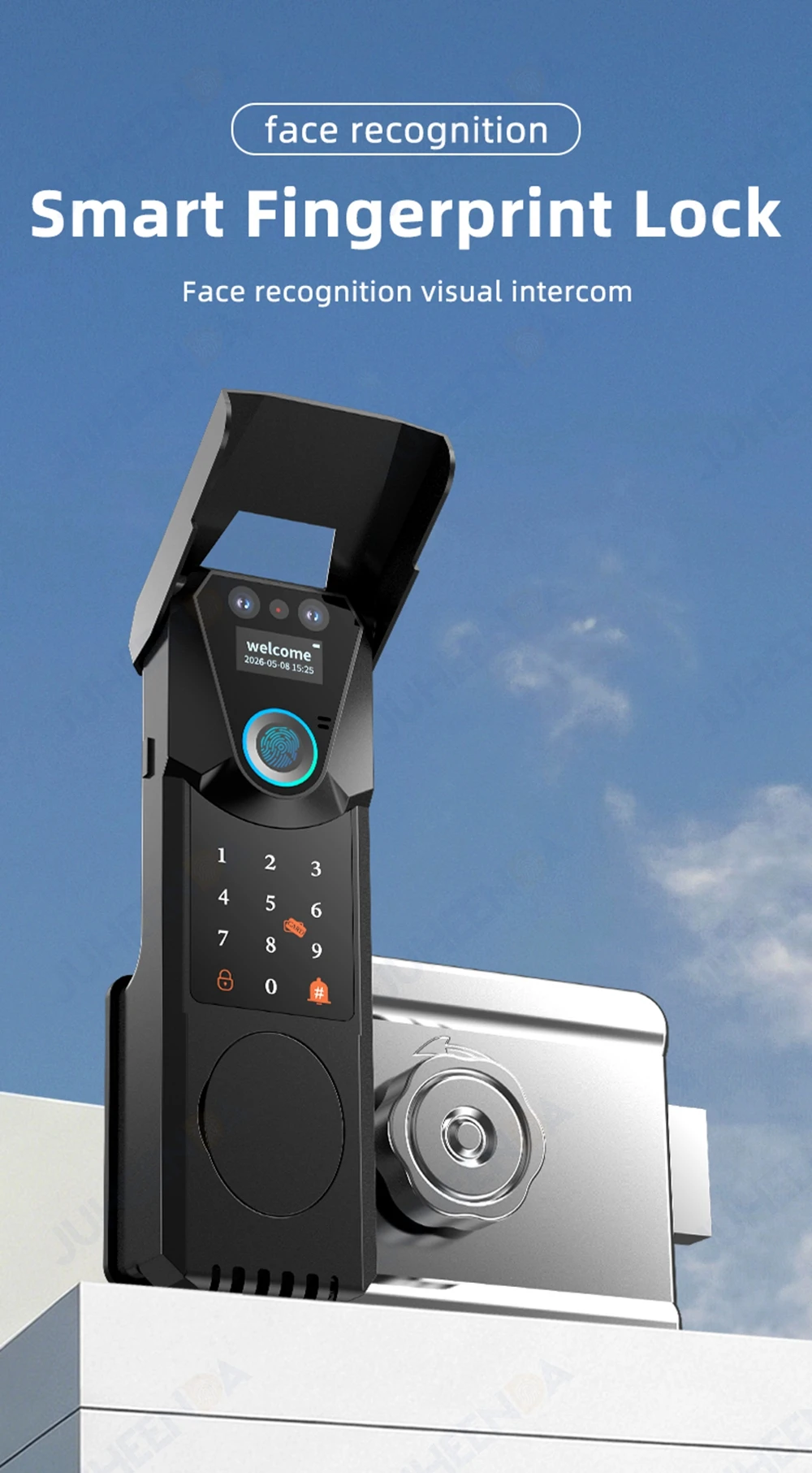 Wasserdichtes Tuya Smart Fingerabdruck-Torschloss für den Außenbereich mit Gesichtserkennung, Türklingel, Video-Gegensprechanlage, RFID-Karte und digitalem Codezugang – Detail 2