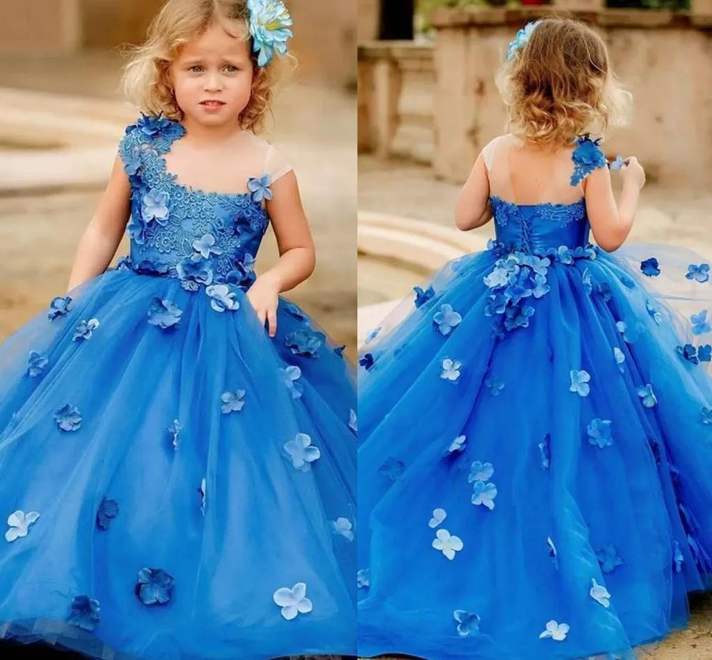 

Cute 3D Floral Pageant Dresses for Little Girls Lace Tulle Ball Gown Flower Girl Dress Toddlers Sheer Neck Communion Party Gown