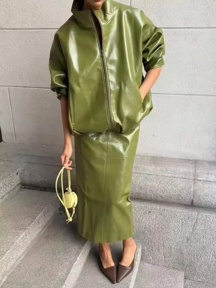 Street Pu Leather Skirt Set Women Solid Long Sleeve Zippers Loose Jacket Split Mid Skirts 2026 Spring Autumn Fashion Lady Outfit
