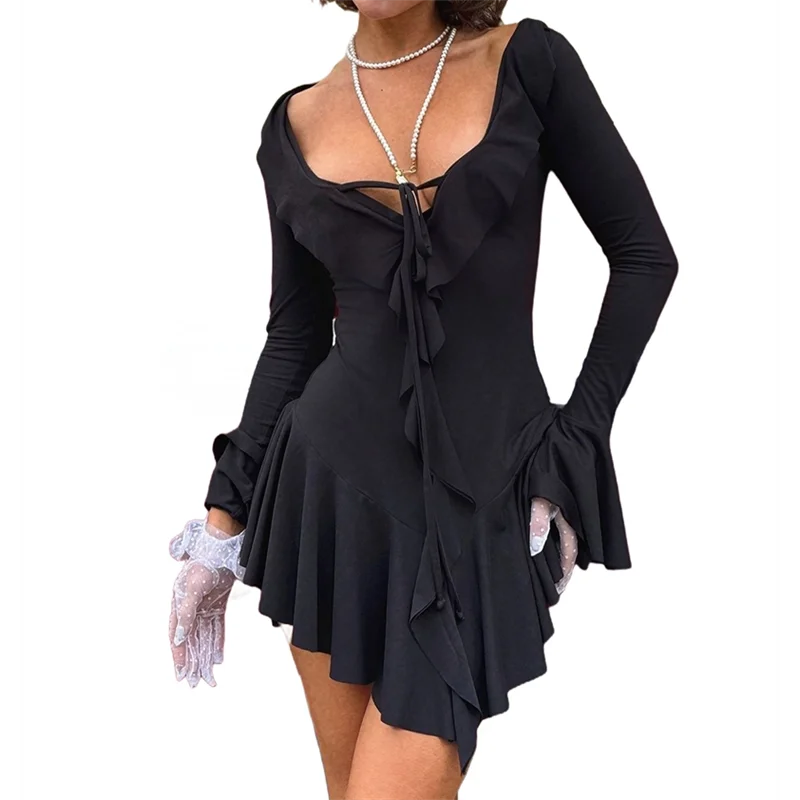 ABRT – Vestido feminino de manga comprida com decote em V, ombro de fora, babado, em camadas, bodycon, mini vestidos