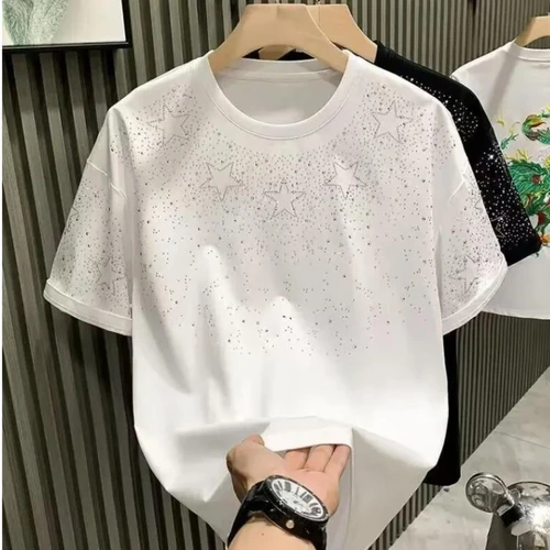 Imagen 2 del producto Camiseta con remaches de diamantes de imitación para hombre, ropa informal con cuello redondo, moda High Street 2025, manga corta de verano para hombre