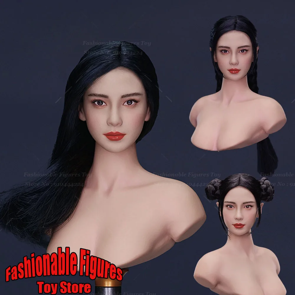 YMT094 1/6 Women Soldier Angelababy Head Sculpt Long Straight Bunches Meatball-Like Hairstyle Head Model Fit 12'' Body