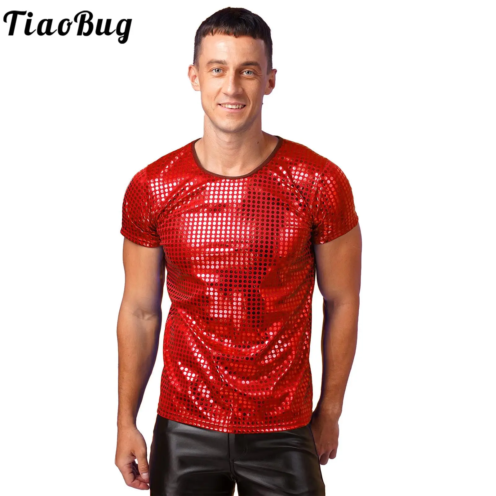 Mens Dance T-Shirt Sparkle Sequin Tops Round Neck Short Sleeve Performance Tops Nightclub Festivals Costumes Clubwear