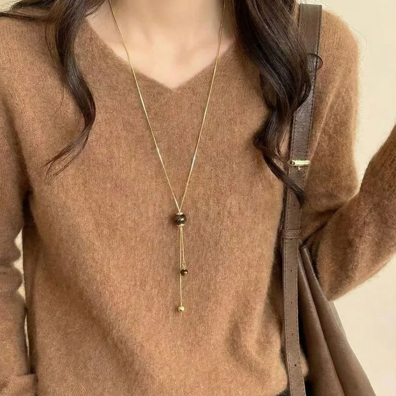 

Premium Tiger Eye Stone Long Pull Necklace Sweater Chain for Women Autumn Winter Fashion Photoshoot Accessory Unique Handmade