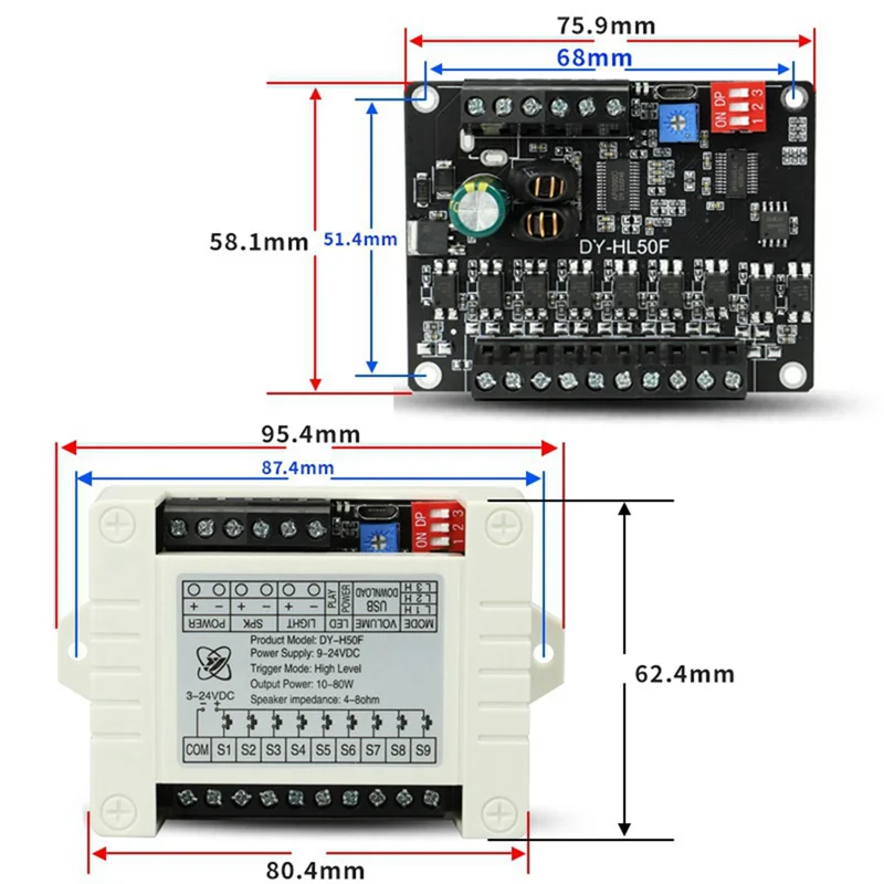 24V High Power Voice Broadcast Prompt Module High and Low Level Trigger 1-To-1MP3 Multifunctional Playback Module,