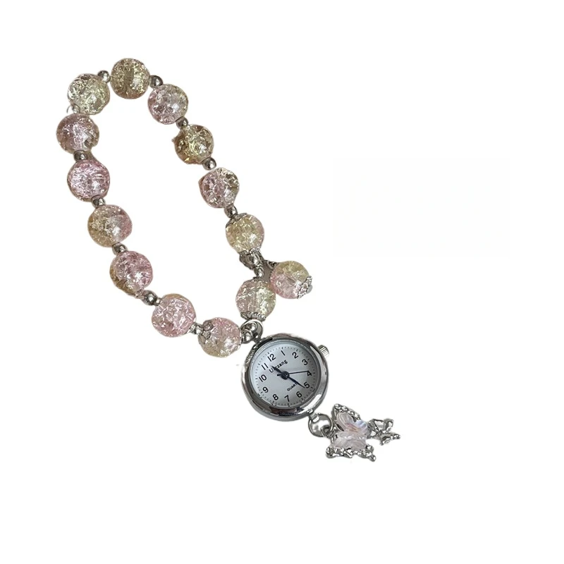 

Розовые часы с бисером, круглые женские часы с арабскими цифрами