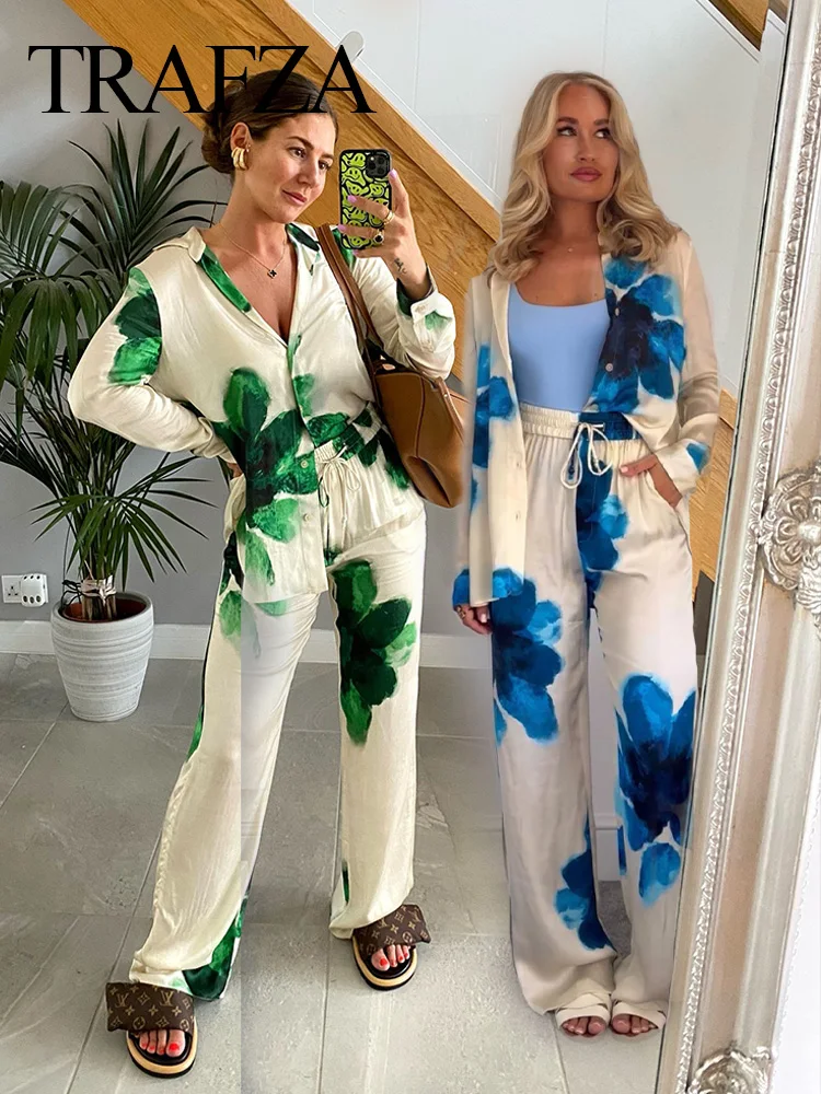 TRAFZA 2024 Female Print Pants Sets Green Blue Floral Stain Long Sleeve Shirt+Elastic Waist Lace-Up Pants Woman Sets Beach Style