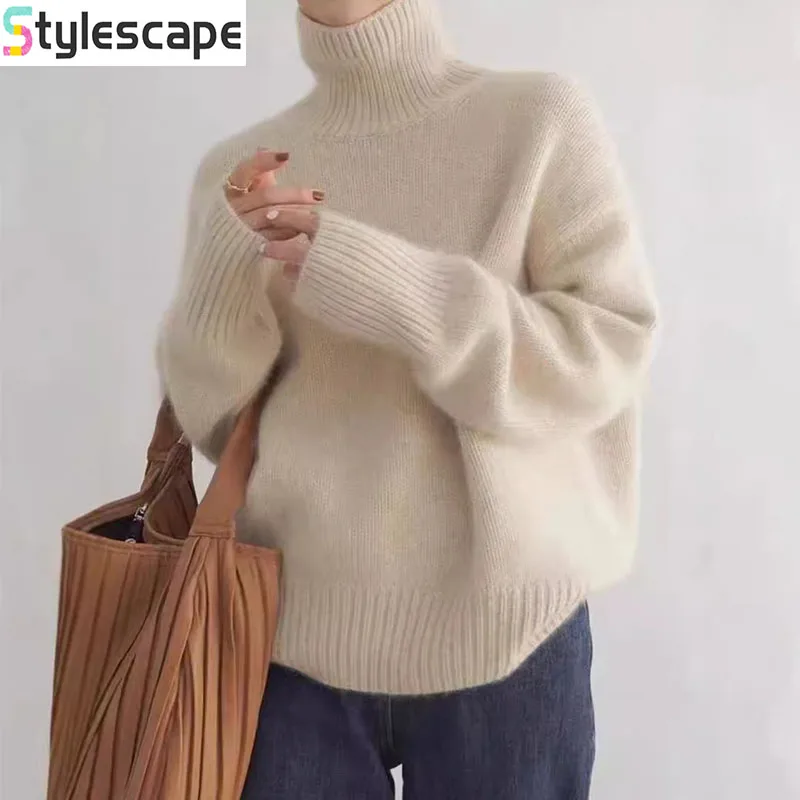 

High Neck Knitted Sweater for Women in Autumn and Winter, Solid Color, Loose Fit, with Korean Style Women's Temperament Sweater